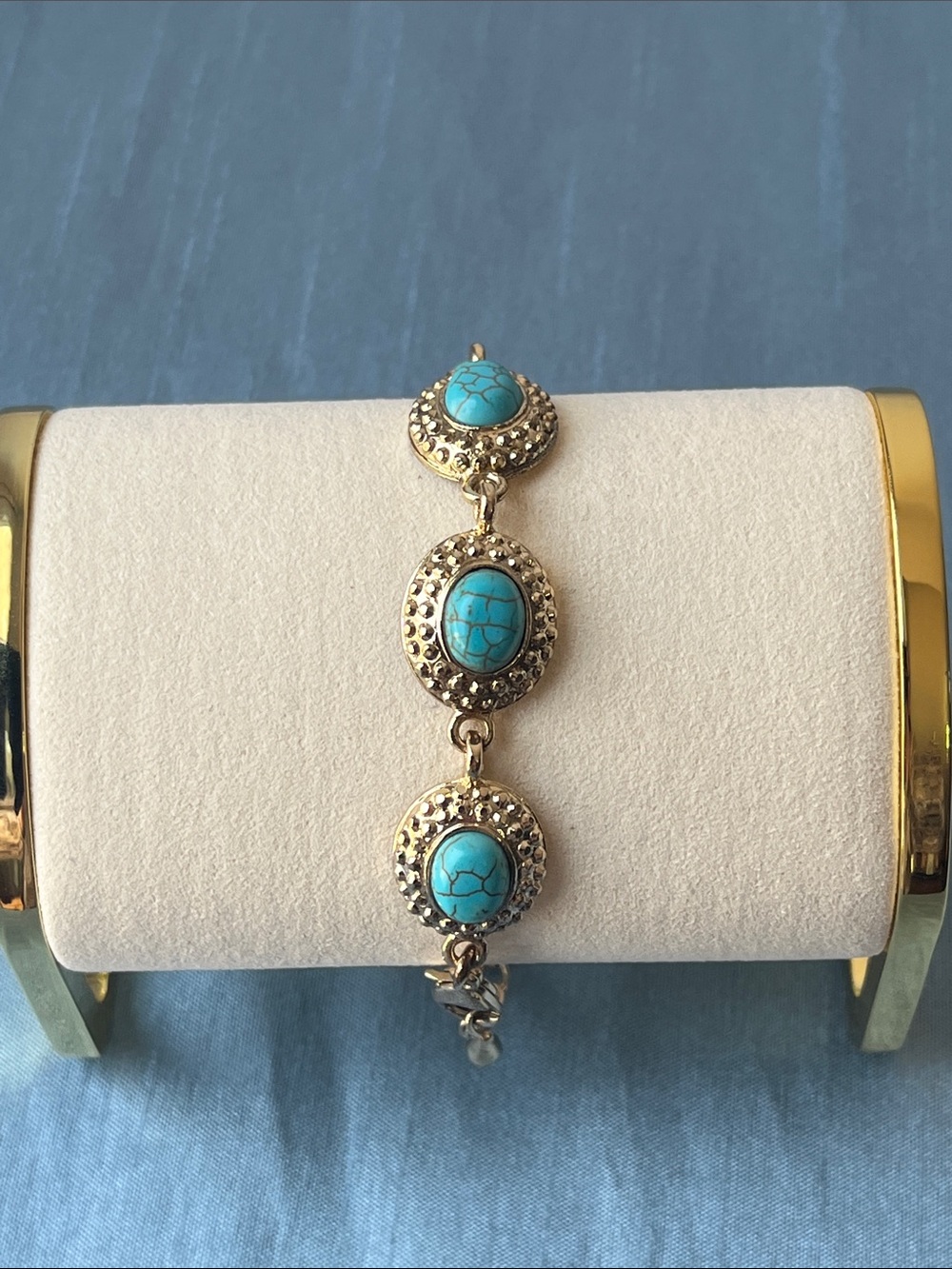 Vintage Gold-Tone Link Bracelet with Ornate Sky Blue Cabochons